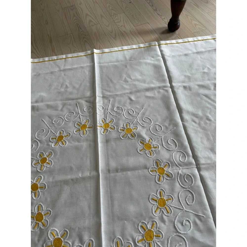 Vintage White Linen Tablecloth Yellow Daisy Hand Embroidered Floral Border